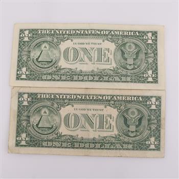 Two US Federal Reserve Note 1 Dollar Bills