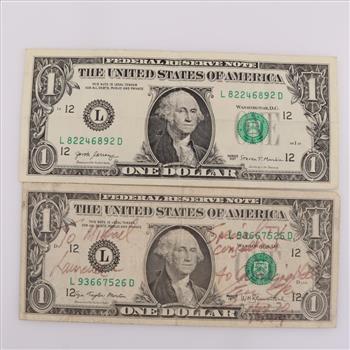 Two US Federal Reserve Note 1 Dollar Bills
