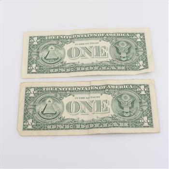 Two US Federal Reserve Note 1 Dollar Bills