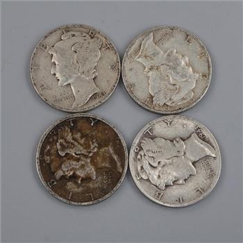 US 1943 Mercury Silver Dime, 4 Pieces