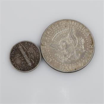 US 1944-S Mercury Silver Dime And 1967 Kennedy Silver Clad Half Dollar, 2 Pieces