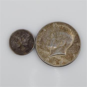 US 1944-S Mercury Silver Dime And 1967 Kennedy Silver Clad Half Dollar, 2 Pieces