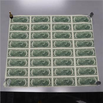 US $2 Uncut Currency 32 Note Sheets