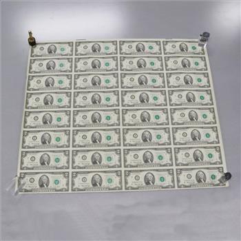 US $2 Uncut Currency 32 Note Sheets