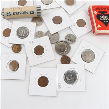 US And Foreign Coins, Tokens, With Mini Playing Cards, 15+ Pieces