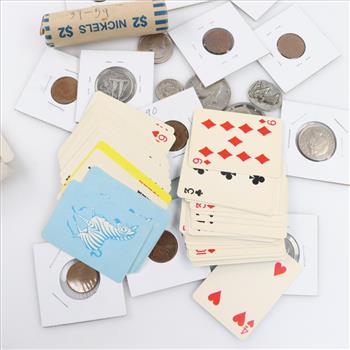 US And Foreign Coins, Tokens, With Mini Playing Cards, 15+ Pieces