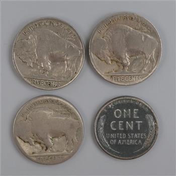 US Buffalo Nickels And Steel Penny, 4 Pieces