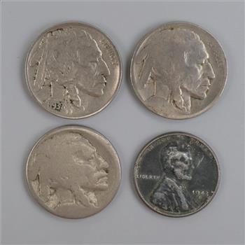 US Buffalo Nickels And Steel Penny, 4 Pieces