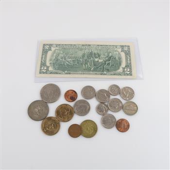US Coins And Token, 15+ Pieces Including $2 US Dollar Bill