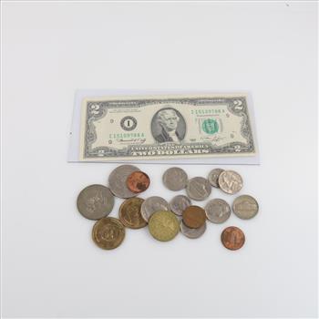 US Coins And Token, 15+ Pieces Including $2 US Dollar Bill