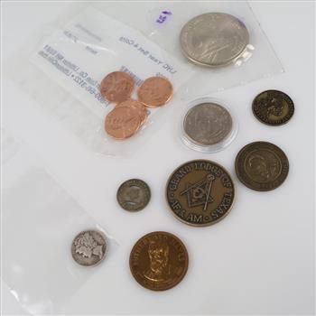 US Coins And Tokens, 9 Pieces (1 Silver Dime Included)