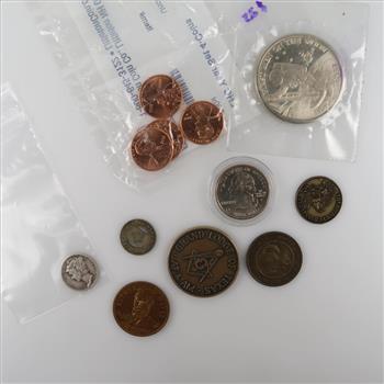 US Coins And Tokens, 9 Pieces (1 Silver Dime Included)