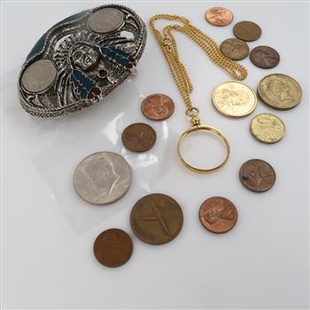 US, Foreign Coins, Mixed Jewelry, 14+ Pieces