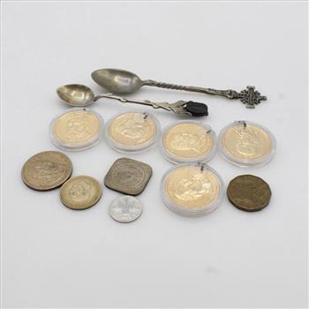 US & Foreign Coins With Silver-plated Spoons, 12 Pieces