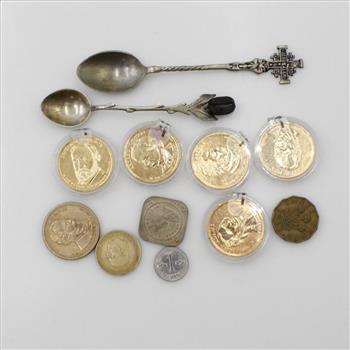 US & Foreign Coins With Silver-plated Spoons, 12 Pieces