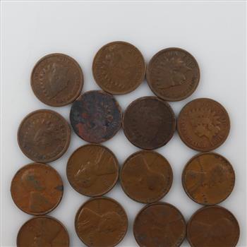 US Indian Head And Lincoln Wheat Pennies, 17 Pieces