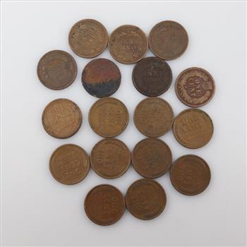 US Indian Head And Lincoln Wheat Pennies, 17 Pieces