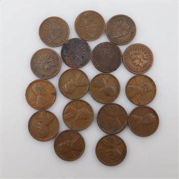 US Indian Head And Lincoln Wheat Pennies, 17 Pieces