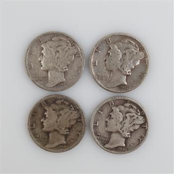 US Mercury Silver Dime, 4 Pieces