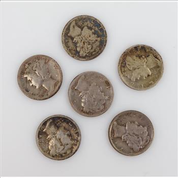 US Mercury Silver Dime, 6 Pieces