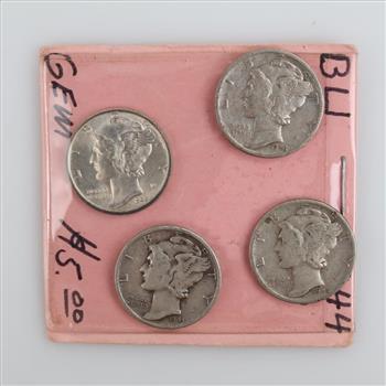 US Mercury Silver Dimes, 4 Pieces