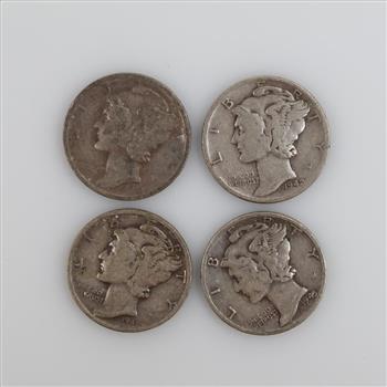 US Mercury Silver Dimes, 4 Pieces