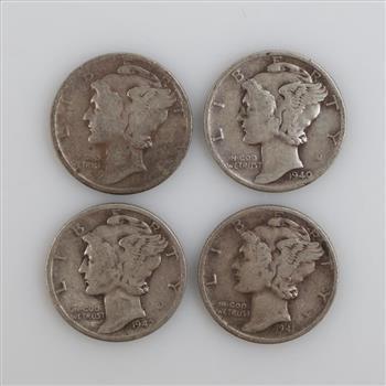 US Mercury Silver Dimes, 4 Pieces