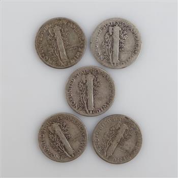 US Mercury Silver Dimes, 5 Pieces