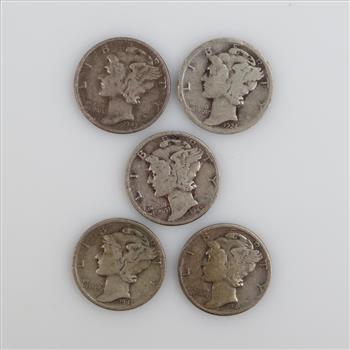 US Mercury Silver Dimes, 5 Pieces