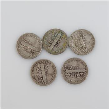 US Mercury Silver Dimes, 5 Pieces
