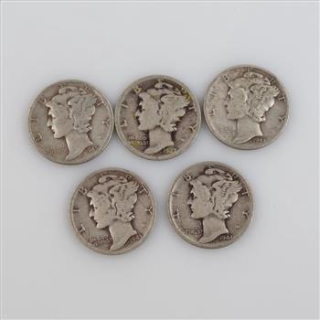 US Mercury Silver Dimes, 5 Pieces