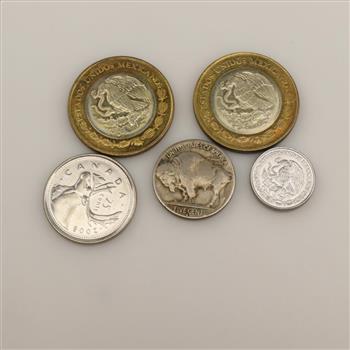 US, Mexican and Canadian, 5 Coins