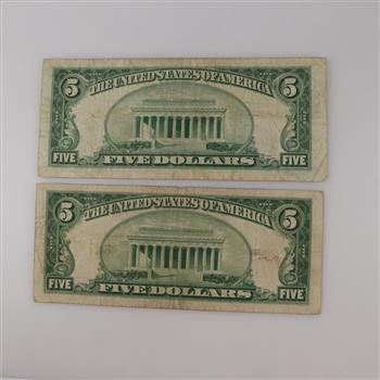 US Notes 5 Dollar Bill; 2 Pieces