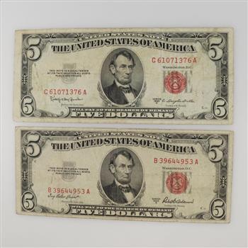 US Notes 5 Dollar Bill; 2 Pieces