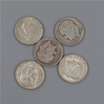 US Roosevelt Silver Dime, 5 Coins