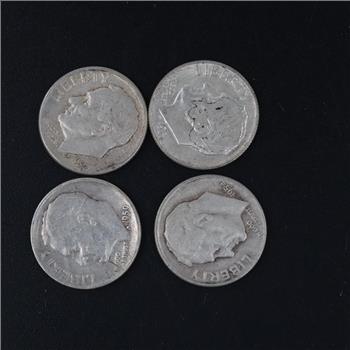 US Roosevelt Silver Dimes, 4 Coins