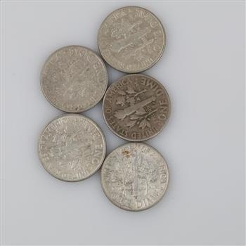 US Roosevelt Silver Dimes, 5 Coins