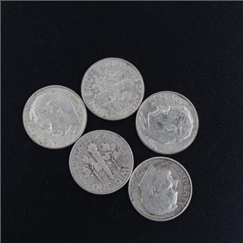 US Roosevelt Silver Dimes, 5 Pieces
