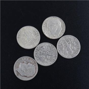 US Roosevelt Silver Dimes, 5 Pieces