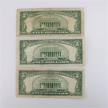 US Silver Certificate Five Dollar Blue Seal, 3 Pieces