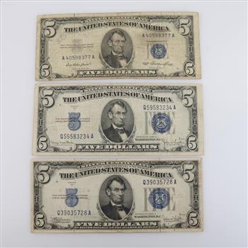 US Silver Certificate Five Dollar Blue Seal, 3 Pieces