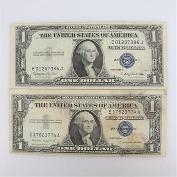 US Silver Certificate One Dollar Blue Seal, 2 Pieces