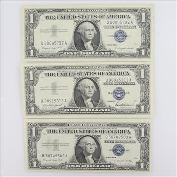 US Silver Certificate One Dollar Blue Seal, 3 Pieces