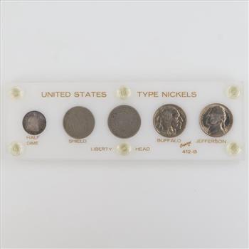 US Type Set Nickel 5 Coins, Includes Silver Half Dime