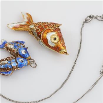 Vintage Cloisonne Enamel  Articulated Fashion Fish Pendants And Necklace , 3 Pieces