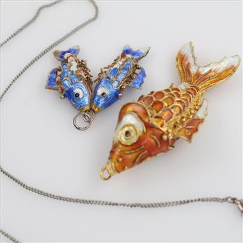 Vintage Cloisonne Enamel  Articulated Fashion Fish Pendants And Necklace , 3 Pieces