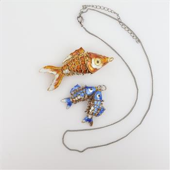 Vintage Cloisonne Enamel  Articulated Fashion Fish Pendants And Necklace , 3 Pieces