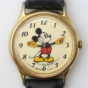 Vintage Lorus Disney Mickey Mouse Gold Tone And Black Leather Watch
