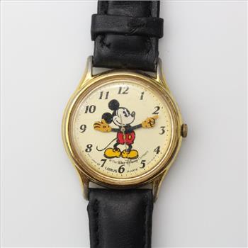 Vintage Lorus Disney Mickey Mouse Gold Tone And Black Leather Watch