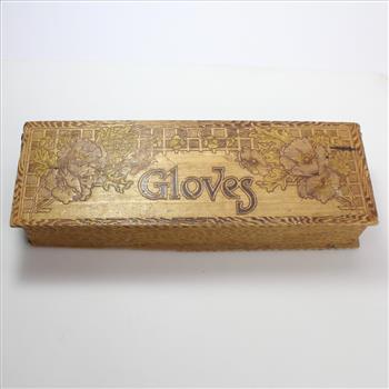 Vintage Pyrography Wooden Gloves Box with Flower Design